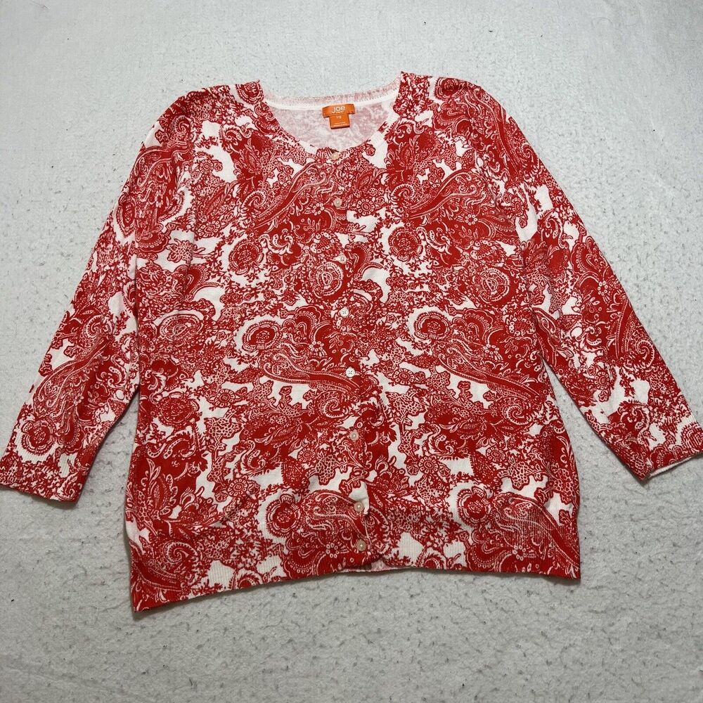 Joe Fresh Women's Large Button Down Cardigan Red Paisley 3/4 Sleeve Sweater
